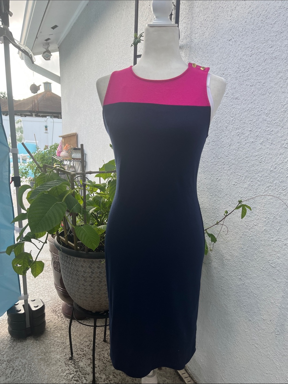 Lauren Ralph Lauren Navy Midi Dress with Hot Pink Yoke and Gold Buttons SZ: M